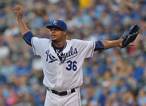 Jun 13, 2016; Kansas City, MO, USA; Kansas City Royals pitcher Edinson Volquez (36) reacts after walking the first two Cleveland Indians batters during the first inning at Kauffman Stadium. Mandatory Credit: Peter G. Aiken-USA TODAY Sports