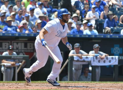 Jun 19, 2016; Kansas City, MO, USA; Kansas City Royals designated hitter Kendrys Morales (25) connects for a single in the fifth inning against the Detroit Tigers at Kauffman Stadium. Mandatory Credit: Denny Medley-USA TODAY Sports