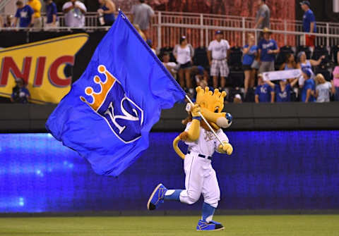 Jun 17, 2016; Kansas City, MO, USA; The Kansas City Royals mascot Sluggerrr runs on field with the flag after the win over the Detroit Tigers at Kauffman Stadium. The Royals won 10-3. Mandatory Credit: Denny Medley-USA TODAY Sports