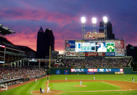 Jul 5, 2014; Cleveland, OH, USA; A general view of Progressive Field at sunset during the game between the Kansas City Royals and the Cleveland Indians. Mandatory Credit: David Richard-USA TODAY Sports