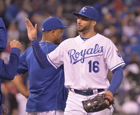 May 17, 2016; Kansas City, MO, USA; Kansas City Royals right fielder Paulo Orlando (16) is congratulated by teammates after the win over the Boston Red Sox at Kauffman Stadium. The Royals won 8-4. Mandatory Credit: Denny Medley-USA TODAY Sports