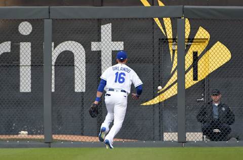 May 2, 2016; Kansas City, MO, USA; Kansas City Royals right fielder Paulo Orlando (16) cannot make the play on a one run double hit by Washington Nationals first baseman Ryan Zimmerman (not pictured) in the first inning at Kauffman Stadium. Mandatory Credit: Denny Medley-USA TODAY Sports