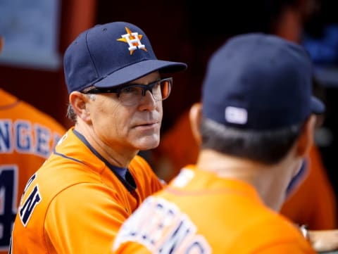 May 31, 2016; Phoenix, AZ, USA; Houston Astros bench coach Trey Hillman against the Arizona Diamondbacks at Chase Field. Mandatory Credit: Mark J. Rebilas-USA TODAY Sports