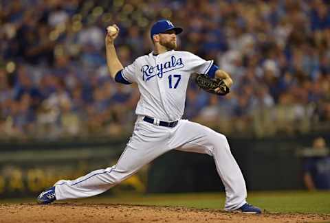 Jun 13, 2016; Kansas City, MO, USA; Kansas City Royals pitcher Wade Davis (17) delivers a pitch against the Cleveland Indians during the ninth inning at Kauffman Stadium. The Royals beat the Indians 2-1. Mandatory Credit: Peter G. Aiken-USA TODAY Sports