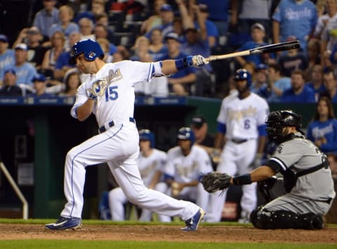 May 27, 2016; Kansas City, MO, USA; Kansas City Royals left fielder Whit Merrifield (15) drives in 2 runs with a single against the Chicago White Sox in the seventh inning at Kauffman Stadium. Mandatory Credit: John Rieger-USA TODAY Sports