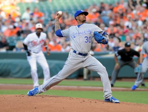 Jun 7, 2016; Baltimore, MD, USA; Kansas City Royals pitcher Yordano Ventura (30) throws a pitch in the first inning against the Baltimore Orioles at Oriole Park at Camden Yards. Mandatory Credit: Evan Habeeb-USA TODAY Sports