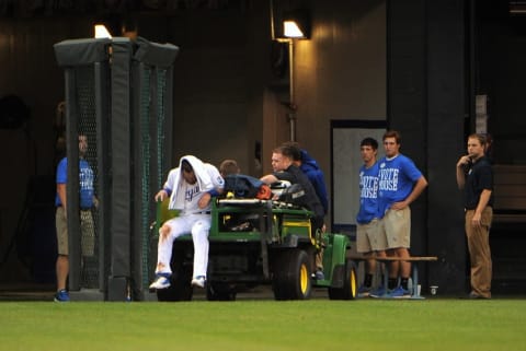 Jul 8, 2015; Kansas City, MO, USA; Kansas City Royals left fielder Alex Gordon (4) is carted off the field after an injury against the Tampa Bay Rays in the fourth inning at Kauffman Stadium. Mandatory Credit: John Rieger-USA TODAY Sports