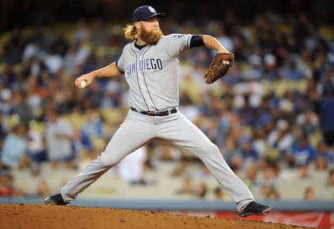 July 8, 2016; Los Angeles, CA, USA; San Diego Padres starting pitcher Andrew Cashner (34) throws in the second inning against Los Angeles Dodgers at Dodger Stadium. Mandatory Credit: Gary A. Vasquez-USA TODAY Sports