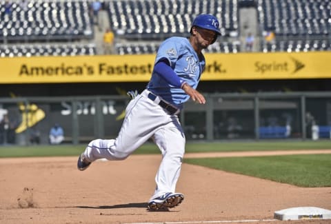 Jul 20, 2016; Kansas City, MO, USA; Kansas City Royals base runner Cheslor Cuthbert (19) rounds third and scores against the Cleveland Indians during the eighth inning at Kauffman Stadium. Mandatory Credit: Peter G. Aiken-USA Today Sports