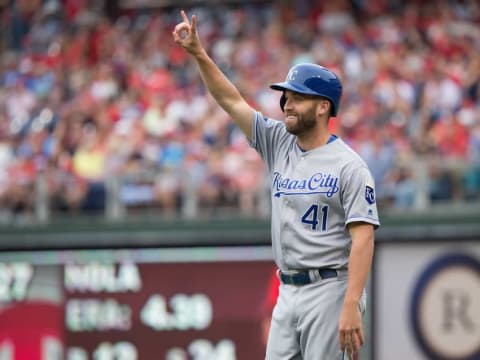 Jul 2, 2016; Philadelphia, PA, USA; Kansas City Royals relief pitcher Danny Duffy (41) reacts after his RBI single against the Philadelphia Phillies at Citizens Bank Park. The Kansas City Royals won 6-2. Mandatory Credit: Bill Streicher-USA TODAY Sports