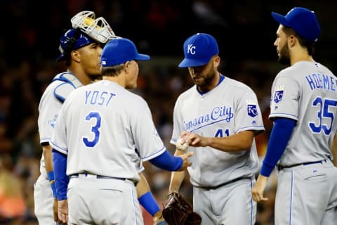 Jul 16, 2016; Detroit, MI, USA; Kansas City Royals manager Ned Yost (3) takes the ball to relieve starting pitcher Danny Duffy (41) in the seventh inning against the Detroit Tigers at Comerica Park. Mandatory Credit: Rick Osentoski-USA TODAY Sports