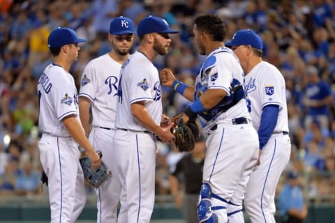 Jul 7, 2016; Kansas City, MO, USA; Kansas City Royals manager Ned Yost (3) comes to the mound to relieve relief pitcher Danny Duffy (41) in the seventh inning against the Seattle Mariners at Kauffman Stadium. Mandatory Credit: Denny Medley-USA TODAY Sports