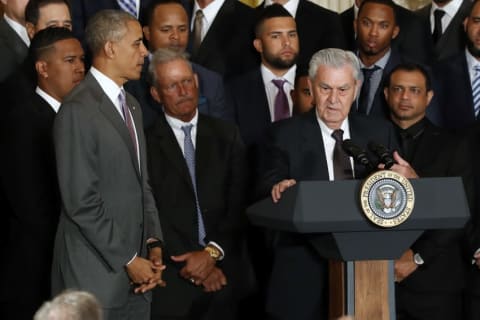 Jul 21, 2016; Washington, DC, USA; Kansas City Royals owner David Glass speaks as President Barack Obama (L) listens at a ceremony honoring the world series champion Kansas City Royals in the East Room at the White House. Mandatory Credit: Geoff Burke-USA TODAY NETWORK