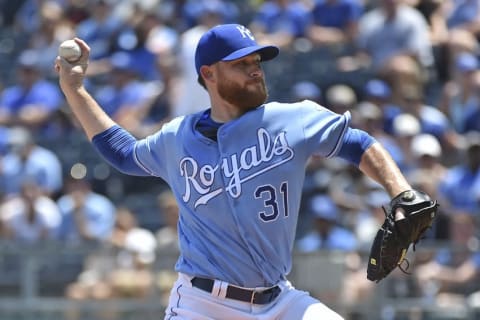 Jul 20, 2016; Kansas City, MO, USA; Kansas City Royals pitcher Ian Kennedy (31) delivers a pitch against the Cleveland Indians during the first inning at Kauffman Stadium. Mandatory Credit: Peter G. Aiken-USA Today Sports