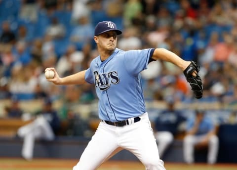 Jul 17, 2016; St. Petersburg, FL, USA; Tampa Bay Rays starting pitcher Jake Odorizzi (23) throws a pitch at Tropicana Field. Mandatory Credit: Kim Klement-USA TODAY Sports