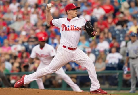 Jul 1, 2016; Philadelphia, PA, USA; Philadelphia Phillies starting pitcher Jeremy Hellickson (58) pitches during the first inning against the Kansas City Royals at Citizens Bank Park. Mandatory Credit: Bill Streicher-USA TODAY Sports