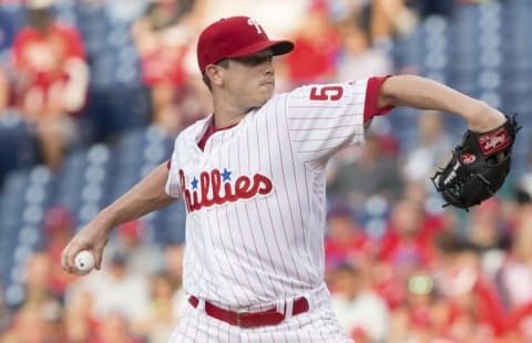 Jul 20, 2016; Philadelphia, PA, USA; Philadelphia Phillies starting pitcher Jeremy Hellickson (58) pitches during the first inning against the Miami Marlins at Citizens Bank Park. Mandatory Credit: Bill Streicher-USA TODAY Sports