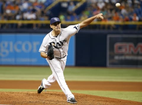 Jul 16, 2016; St. Petersburg, FL, USA; Tampa Bay Rays starting pitcher Matt Moore (55) throws a pitch during the fifth inning against the Baltimore Orioles at Tropicana Field. Mandatory Credit: Kim Klement-USA TODAY Sports