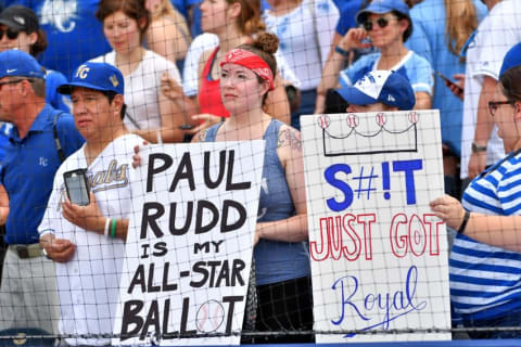 Jun 19, 2016; Kansas City, MO, USA; The Kansas City Royals mascot Sluggerrr and his “dad” entertain fans prior to the game against the Detroit Tigers at Kauffman Stadium. The Royals won 2-1. Mandatory Credit: Denny Medley-USA TODAY Sports