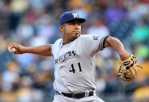 Jul 19, 2016; Pittsburgh, PA, USA; Milwaukee Brewers starting pitcher Junior Guerra (41) delivers a pitch against the Pittsburgh Pirates during the first inning at PNC Park. Mandatory Credit: Charles LeClaire-USA TODAY Sports