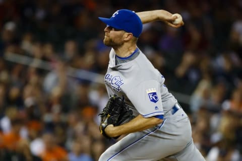 Jul 16, 2016; Detroit, MI, USA; Kansas City Royals relief pitcher Wade Davis (17) pitches in the ninth inning against the Detroit Tigers at Comerica Park. Kansas City won 8-4. Mandatory Credit: Rick Osentoski-USA TODAY Sports