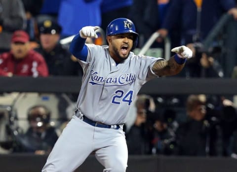 Nov 1, 2015; New York City, NY, USA; Kansas City Royals pinch hitter Christian Colon reacts after hitting a RBI single against the New York Mets in the 12th inning in game five of the World Series at Citi Field. Mandatory Credit: Brad Penner-USA TODAY Sports