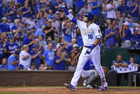 Aug 5, 2016; Kansas City, MO, USA; Kansas City Royals center fielder Paulo Orlando (16) reacts after hitting a solo home run against the Toronto Blue Jays during the fifth inning at Kauffman Stadium. Mandatory Credit: Peter G. Aiken-USA TODAY Sports