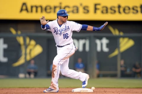 Aug 6, 2016; Kansas City, MO, USA; Kansas City Royals right fielder Paulo Orlando (16) safely steals second base against the Toronto Blue Jays in the sixth inning at Kauffman Stadium. Mandatory Credit: John Rieger-USA TODAY Sports