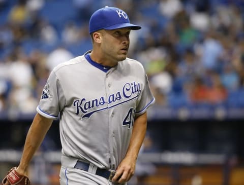 Aug 1, 2016; St. Petersburg, FL, USA; Kansas City Royals starting pitcher Danny Duffy (41) walks back to the dugout against the Tampa Bay Rays at Tropicana Field. Mandatory Credit: Kim Klement-USA TODAY Sports