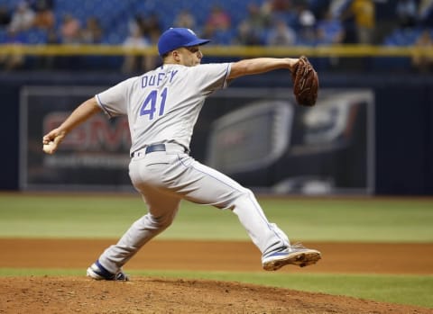 Aug 1, 2016; St. Petersburg, FL, USA; Kansas City Royals starting pitcher Danny Duffy (41) throws a pitch against the Tampa Bay Rays at Tropicana Field. Kansas City Royals defeated the Tampa Bay Rays 3-0. Mandatory Credit: Kim Klement-USA TODAY Sports