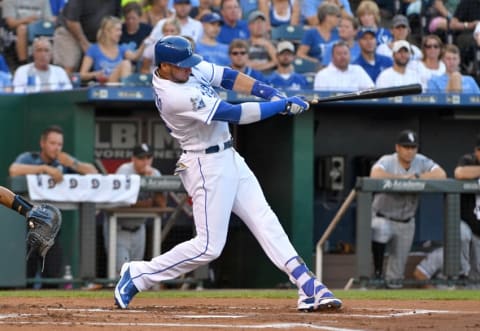 Aug 9, 2016; Kansas City, MO, USA; Kansas City Royals right fielder Paulo Orlando (16) hits a lead off double in the first inning against the Chicago White Sox at Kauffman Stadium. Mandatory Credit: Denny Medley-USA TODAY Sports