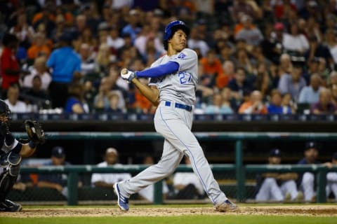 Aug 16, 2016; Detroit, MI, USA; Kansas City Royals second baseman Raul Mondesi (27) at bat against the Detroit Tigers at Comerica Park. Mandatory Credit: Rick Osentoski-