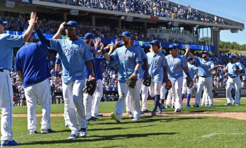 Aug 21, 2016; Kansas City, MO, USA; The KC Royals celebrate after defeating and sweeping the Minnesota Twins at Kauffman Stadium. Mandatory Credit: Peter G. Aiken-USA TODAY Sports