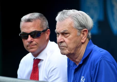 Aug 9, 2016; Kansas City, MO, USA; Kansas City Royals general manager Dayton Moore (left) and owner David Glass watch batting practice before the game against the Chicago White Sox at Kauffman Stadium. Mandatory Credit: Denny Medley-USA TODAY Sports