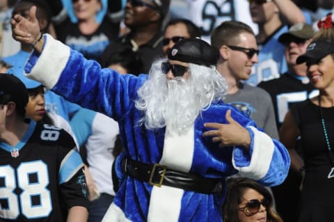 Dec 13, 2015; Charlotte, NC, USA; Carolina Panthers fan dressed as Santa Claus during the first half against the Atlanta Falcons at Bank of America Stadium. Mandatory Credit: Sam Sharpe-USA TODAY Sports