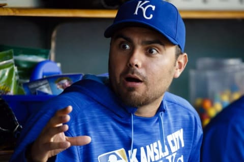 Aug 16, 2016; Detroit, MI, USA; Kansas City Royals relief pitcher Joakim Soria (48) sits in dugout during the fourth inning against the Detroit Tigers at Comerica Park. Mandatory Credit: Rick Osentoski-USA TODAY Sports