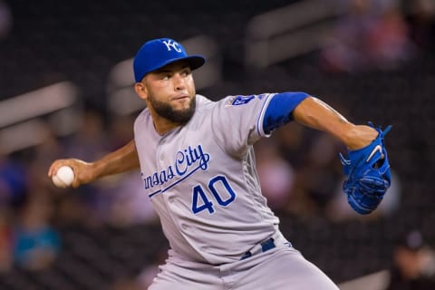 Sep 6, 2016; Minneapolis, MN, USA; Kansas City Royals relief pitcher Kelvin Herrera (40) pitches in the eighth inning against the Minnesota Twins at Target Field. The Kansas City Royals beat the Minnesota Twins 10-3. Mandatory Credit: Brad Rempel-USA TODAY Sports