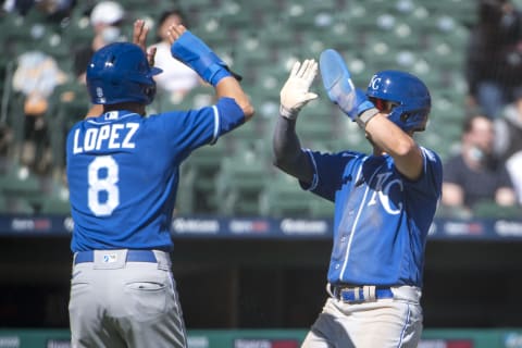 Whit Merrifield, Nicky Lopez (Photo by Nic Antaya/Getty Images)