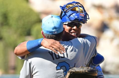 ANAHEIM, CA – JUNE 18: Salvador Perez #13 of the Kansas City Royals gets a hug from manager Ned Yost #3 after defeating the Los Angeles Angelsat Angel Stadium of Anaheim on June 18, 2017 in Anaheim, California. (Photo by Jayne Kamin-Oncea/Getty Images)