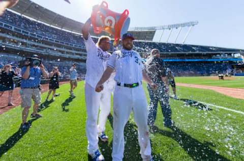 KANSAS CITY, MO – JULY 1: Salvador Perez #13 of the Kansas City Royals dunked water on Brandon Moss #37 of the Kansas City Royals after game one of a doubleheader against the Minnesota Twins at Kauffman Stadium on July 1, 2017 in Kansas City, Missouri. (Photo by Kyle Rivas/Getty Images)