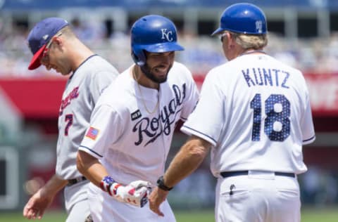 KANSAS CITY, MO – JULY 2: Eric Hosmer #35 celebrates with Rusty Kuntz #18 of the Kansas City Royals after connecting with a Minnesota Twins pitch during game at Kauffman Stadium on July 2, 2017 in Kansas City, Missouri. (Photo by Kyle Rivas/Getty Images)