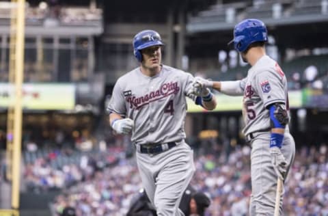 SEATTLE, WA – JULY 3: Alex Gordon #4 of the Kansas City Royals is congratulated by Whit Merrifield #15 of the Kansas City Royals after hitting a solo home run off of starting pitcher Andrew Moore #48 of the Seattle Mariners during the fifth inning of a game at Safeco Field on July 3, 2017 in Seattle, Washington. (Photo by Stephen Brashear/Getty Images)