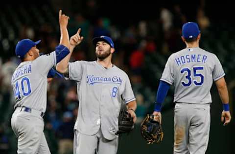 SEATTLE, WA – JULY 05: Kelvin Herrera #40 of the Kansas City Royals celebrates their win against the Seattle Mariners with Mike Moustakas #8 and Eric Hosmer #35 at Safeco Field on July 5, 2017 in Seattle, Washington. (Photo by Lindsey Wasson/Getty Images)