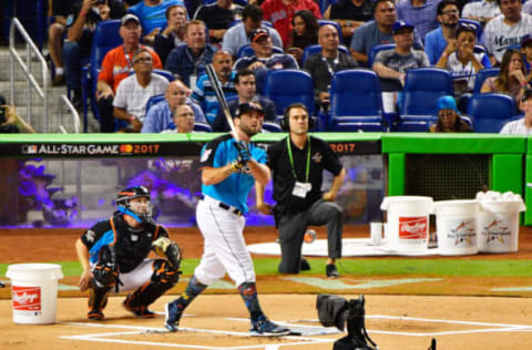 MIAMI, FL – JULY 10: Mike Moustakas #8 of the Kansas City Royals competes in the T-Mobile Home Run Derby at Marlins Park on July 10, 2017 in Miami, Florida. (Photo by Mark Brown/Getty Images)