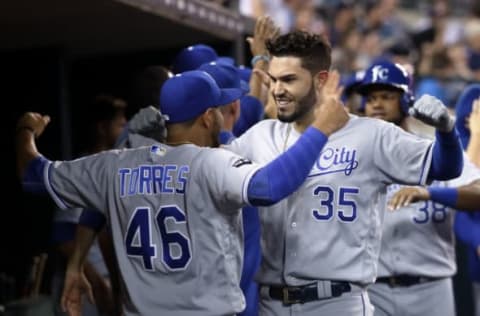 DETROIT, MI – July 26: Eric Hosmer #35 of the Kansas City Royals celebrates with Ramon Torres #46 after hitting a grand slam against the Detroit Tigers during the seventh inning at Comerica Park on July 26, 2017 in Detroit, Michigan. (Photo by Duane Burleson/Getty Images)