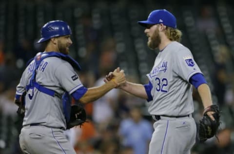 DETROIT, MI – July 26: Brandon Maurer #32 and Drew Butera #9 of the Kansas City Royals celebrate after a 16-2 win over the Detroit Tigers at Comerica Park on July 26, 2017 in Detroit, Michigan. (Photo by Duane Burleson/Getty Images)