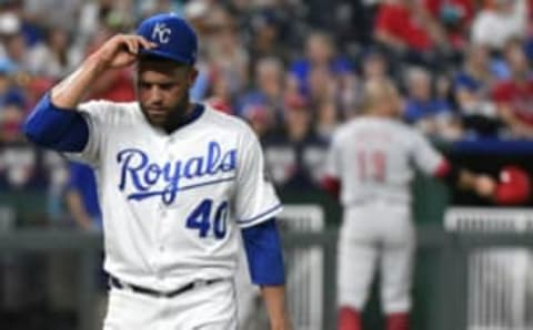 KANSAS CITY, MO – JUNE 12: Kelvin Herrera #40 of the Kansas City Royals walks off the field after throwing in the ninth inning against the Cincinnati Reds at Kauffman Stadium on June 12, 2018, in Kansas City, Missouri. (Photo by Ed Zurga/Getty Images)