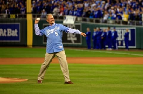 KANSAS CITY, MO – OCTOBER 14: Former Kansas City Royals George Brett throws out the first pitch prior to Game Three of the American League Championship Series against the Baltimore Orioles at Kauffman Stadium on October 14, 2014 in Kansas City, Missouri. (Photo by Jamie Squire/Getty Images)