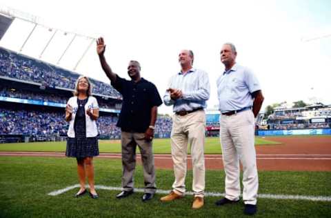 KANSAS CITY, MO – SEPTEMBER 01: The Kansas City Royals Franchise Four, Janie Quisenberry (widow of Dan Quisenberry), Frank White, Bret Saberhagen, and George Brett, are honored prior to the game against the Detroit Tigers at Kauffman Stadium on September 1, 2015 in Kansas City, Missouri. (Photo by Jamie Squire/Getty Images)