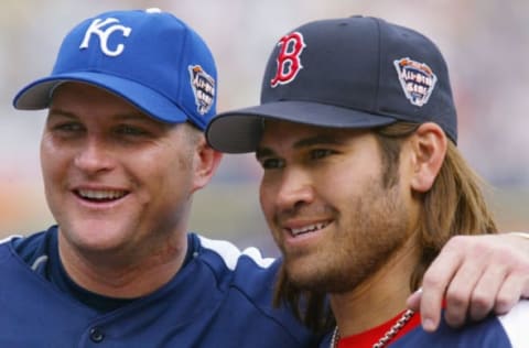 DETROIT – JULY 12: American League All-Stars Mike Sweeney (L) of the Kansas City Royals and Johnny Damon of the Boston Red Sox pose together on the field during the 76th Major League Baseball All-Star Game on July 12, 2005 at Comerica Park in Detroit, Michigan. (Photo By Dave Sandford/Getty Images)